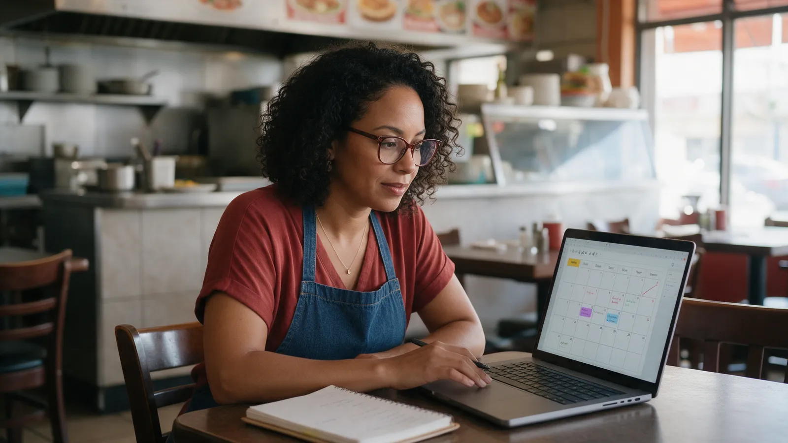 Dueña de un restaurante dominicano planificando su calendario de contenido en una laptop y una libreta