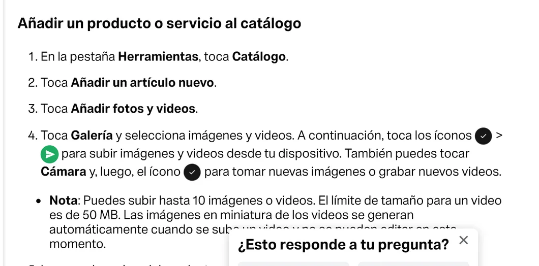 Pasos de la ayuda de WhatsApp para añadir un producto al catálogo con la nota de que se pueden subir hasta 10 imágenes o videos y que un video tiene un límite de 50 megabytes