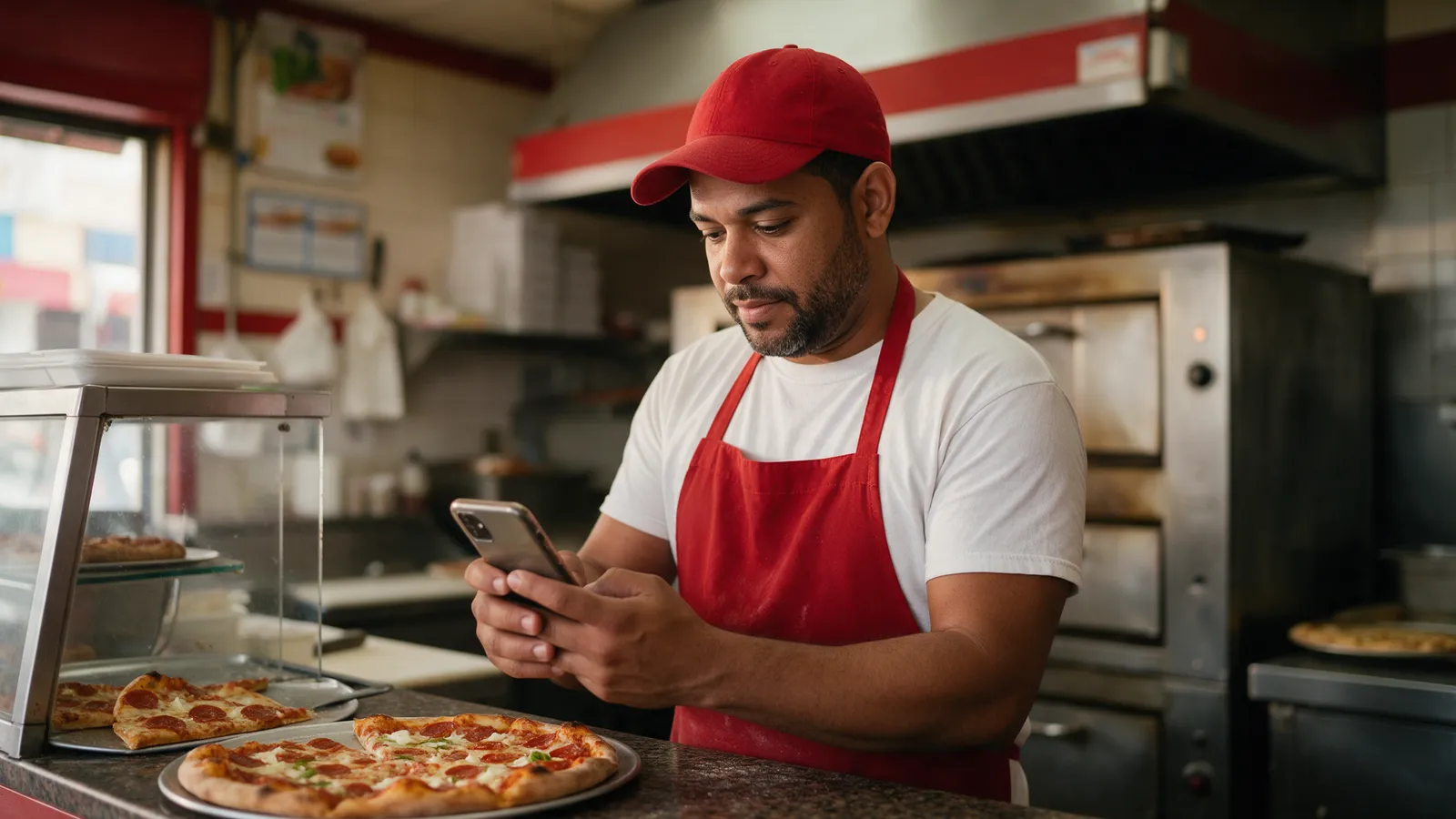 Dueño de una pizzería dominicana leyendo las conversaciones de sus clientes en el celular detrás del mostrador