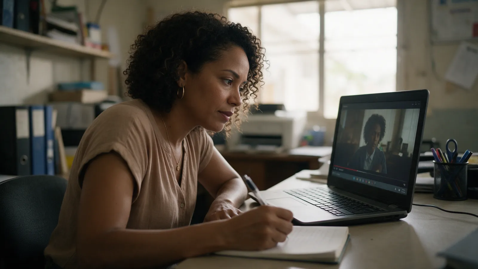 Mujer dominicana tomando notas en una libreta mientras mira un video en pausa en su laptop