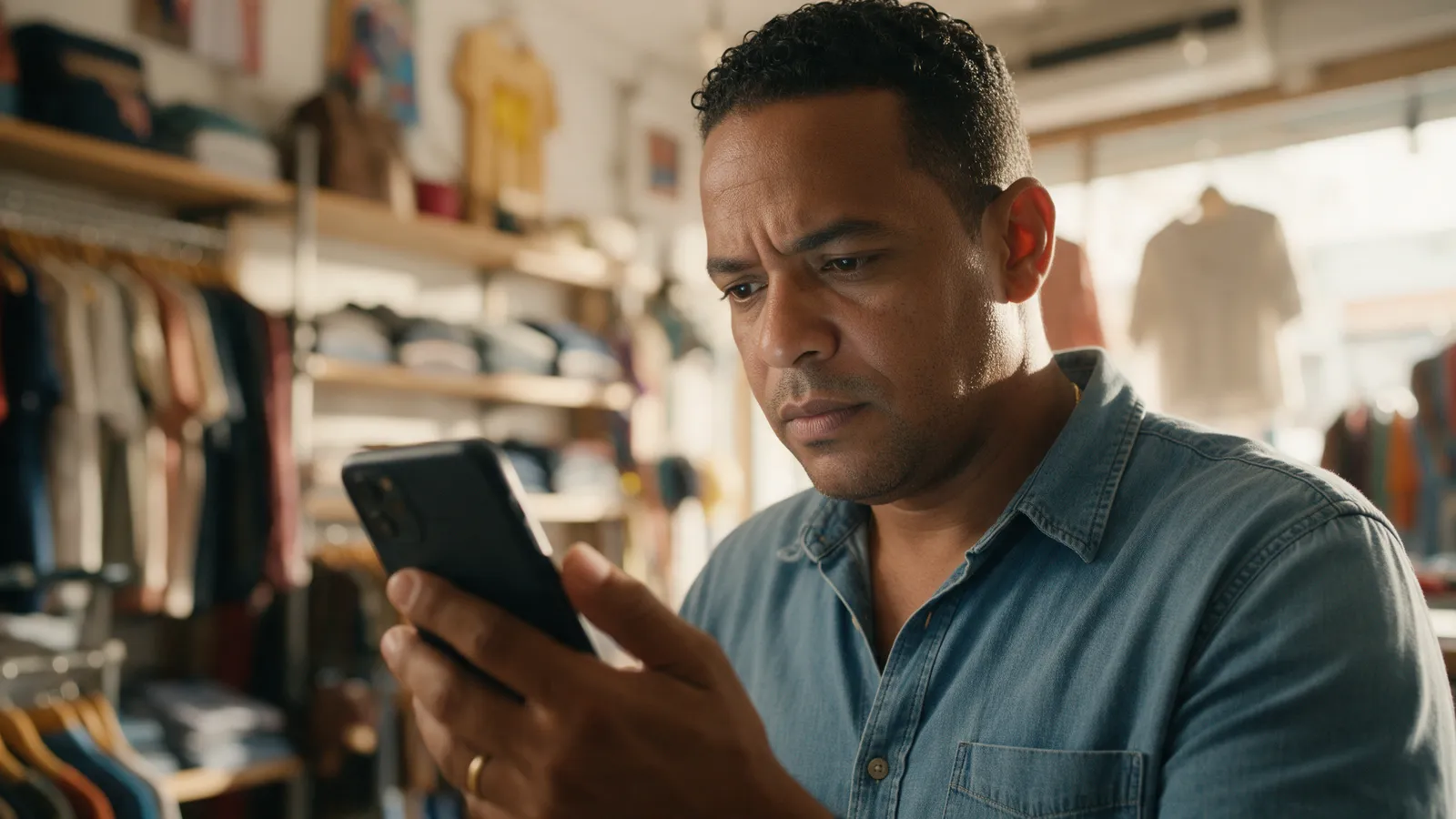 Dueño de una tienda de ropa en República Dominicana revisando el perfil de su negocio en el celular