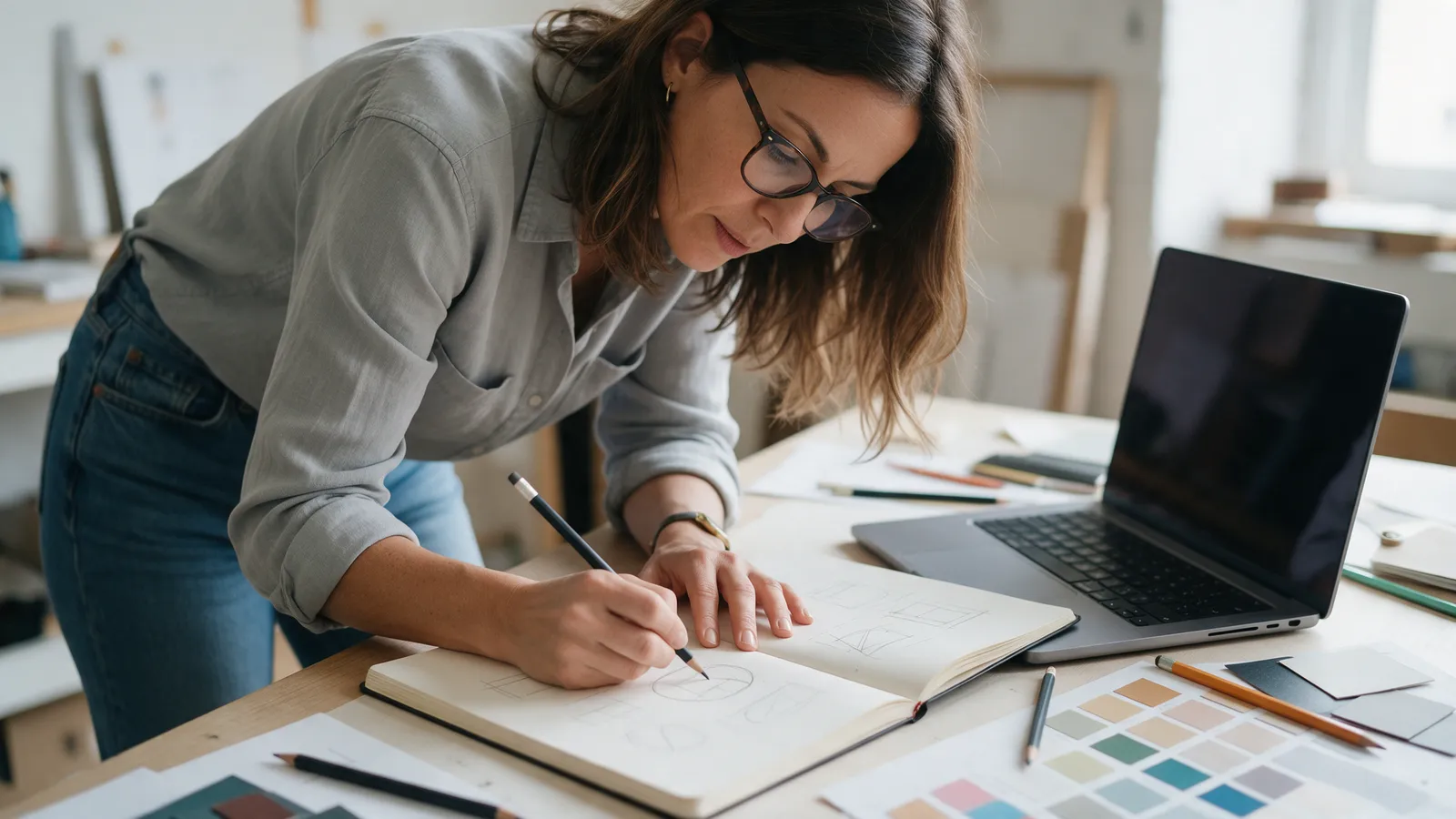 Emprendedora bocetando a mano el logo de su negocio en un cuaderno junto a una laptop