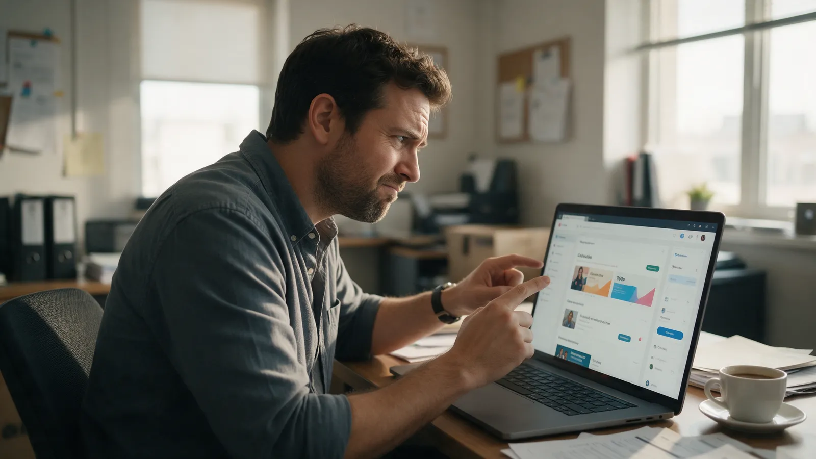 Dueño de negocio revisando con gesto de duda el panel de una campaña de anuncios en su laptop