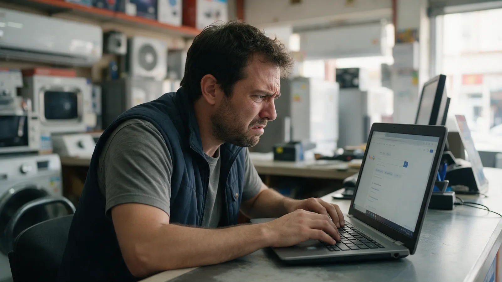 Dueño de una tienda frustrado mirando los resultados de búsqueda en su laptop
