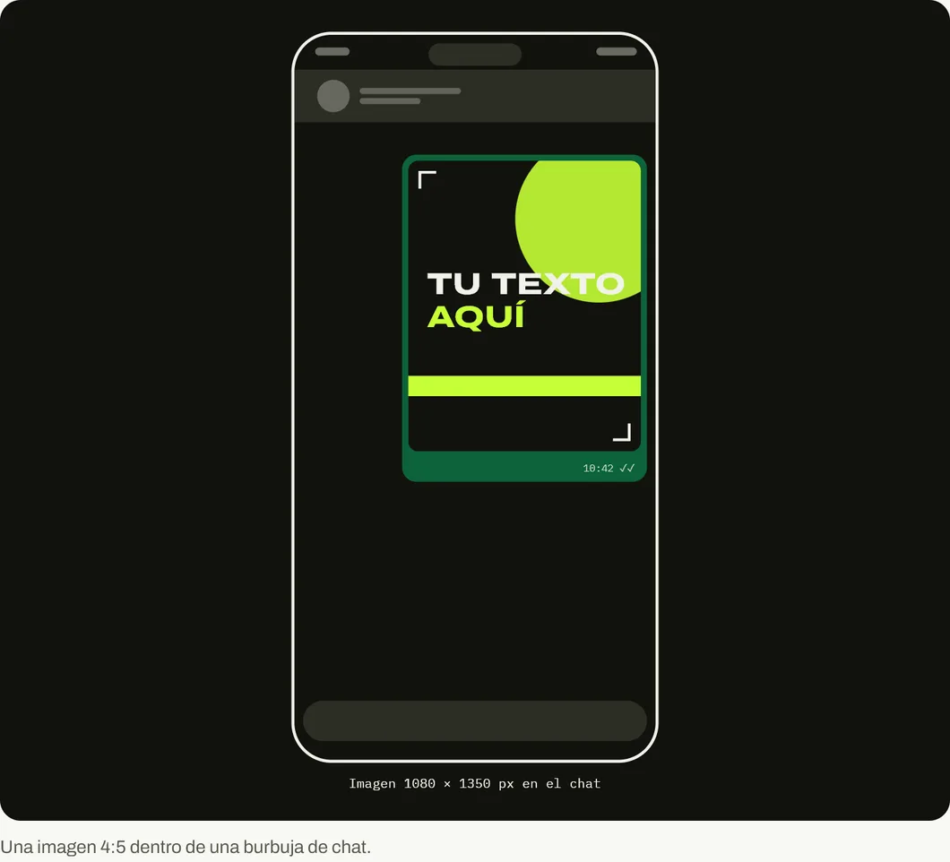Simulación de una conversación de WhatsApp con una imagen de 1080 por 1350 píxeles dentro de una burbuja de chat