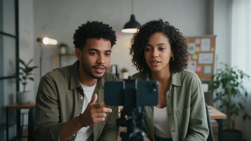 Dos emprendedores grabando contenido para redes sociales con un celular en un trípode