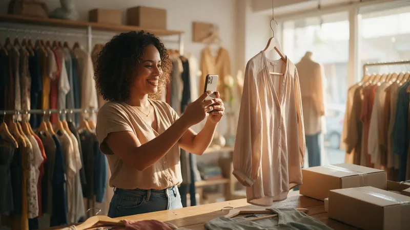 Dueña de una tienda de ropa fotografiando una blusa con su celular para WhatsApp Business