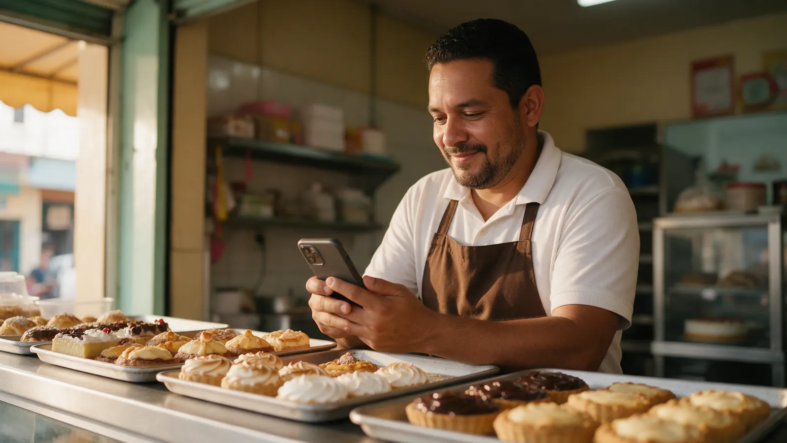 Dueño de una pastelería en Santo Domingo atendiendo pedidos por WhatsApp Business desde su celular