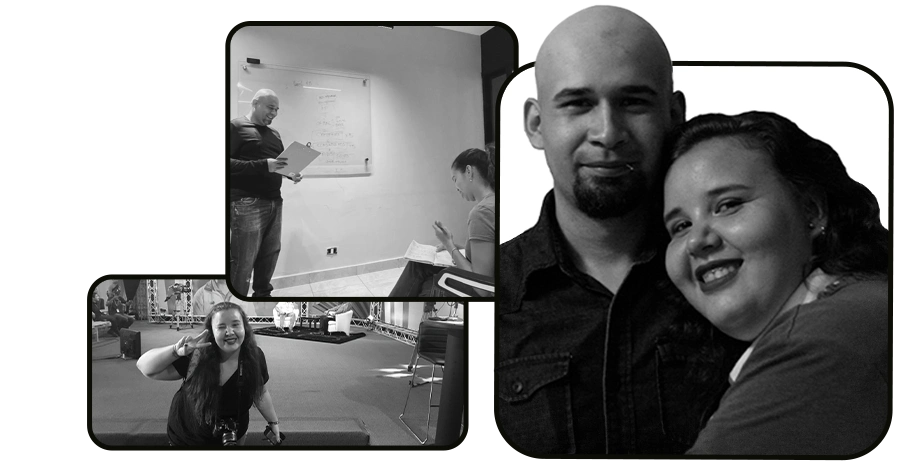 Uri y Suzanne, fundadores de On Viral Agency, con fotos de sus clases y eventos