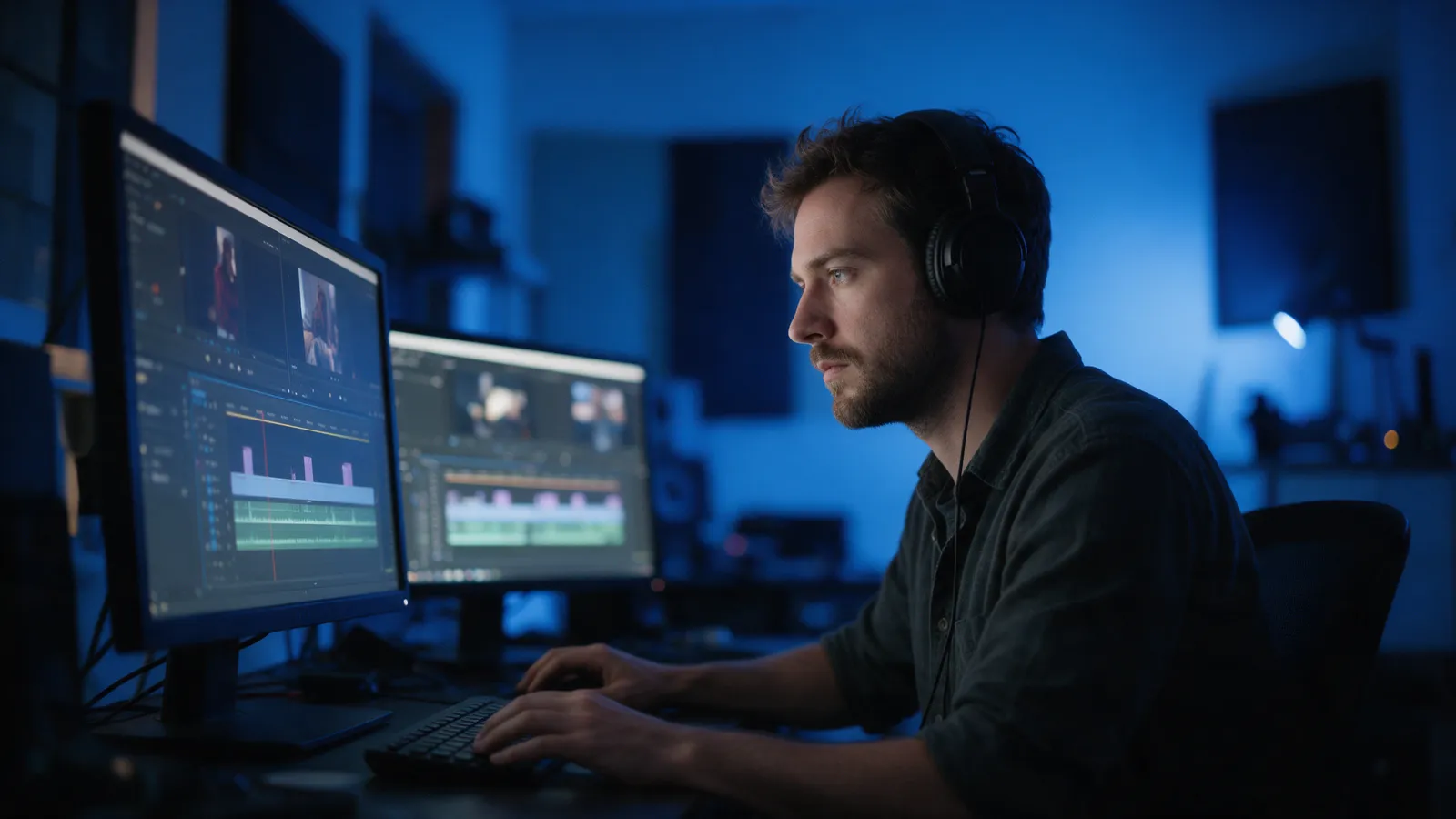 Editor de video trabajando en un estudio pequeño con dos pantallas que muestran líneas de tiempo