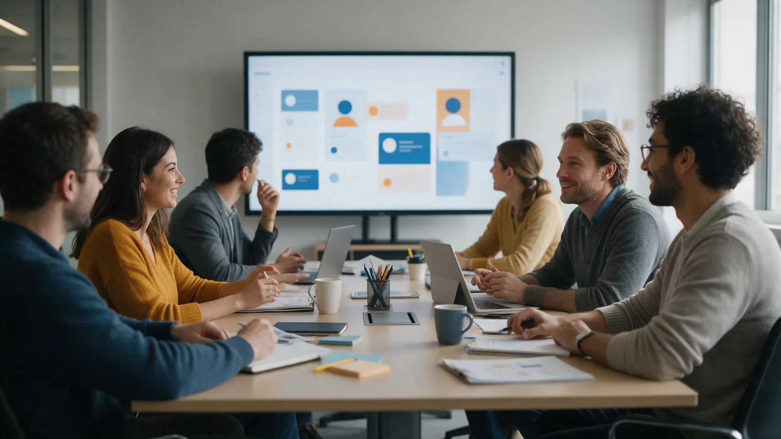 Equipo de marketing revisando en una pantalla grande un tablero con perfiles de clientes y mensajes personalizados