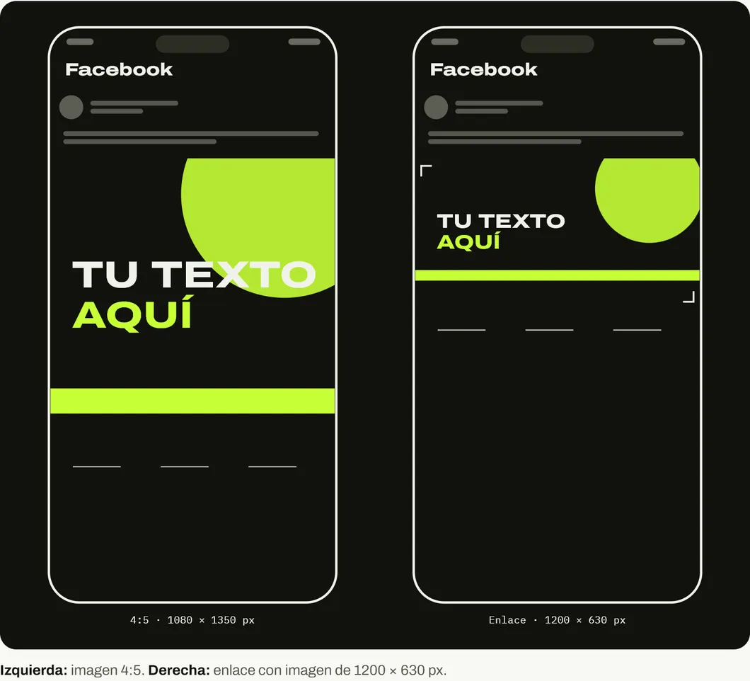 Comparación en el feed de Facebook entre una imagen vertical 4:5 de 1080 por 1350 píxeles y un enlace con imagen horizontal de 1200 por 630 píxeles