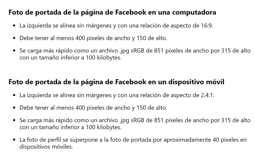 Texto del centro de ayuda de Facebook con las medidas de la foto de portada de una página en computadora, en relación 16:9, y en dispositivo móvil, en relación 2.4:1, con un mínimo de 400 por 150 píxeles y un archivo de 851 por 315 píxeles