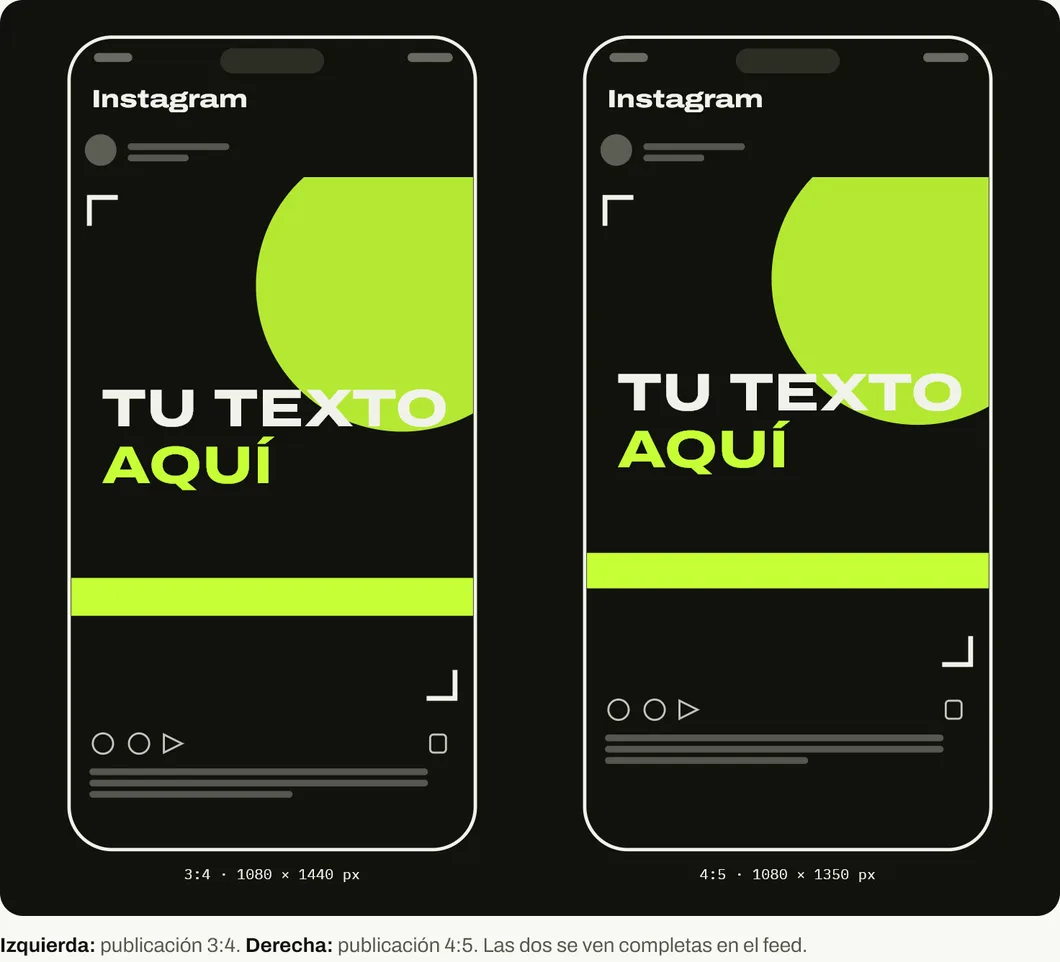 Comparación en el feed de Instagram entre una publicación 3:4 de 1080 por 1440 píxeles y una 4:5 de 1080 por 1350 píxeles