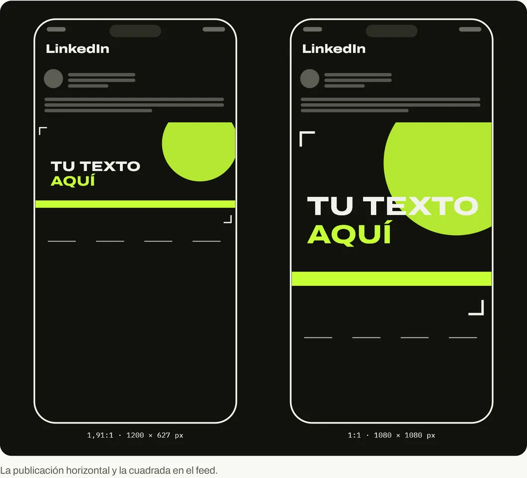 Comparación en el feed de LinkedIn entre una publicación horizontal de 1200 por 627 píxeles y una cuadrada de 1080 por 1080 píxeles