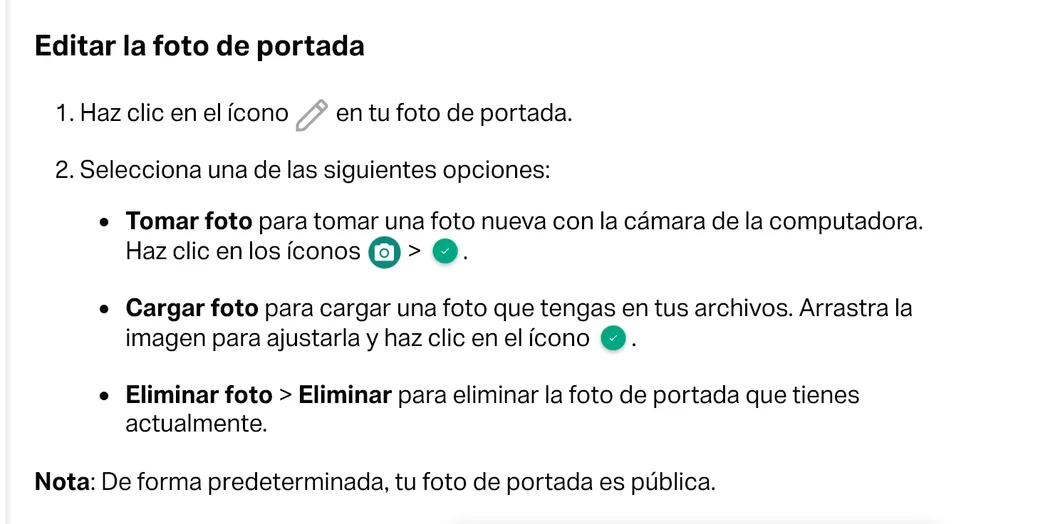 Sección Editar la foto de portada del centro de ayuda de WhatsApp con los pasos para tomar, cargar o eliminar la foto y la nota de que la portada es pública