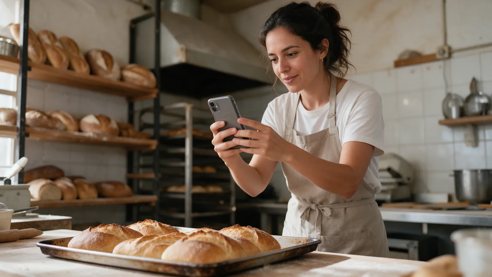 Emprendedora grabando con su celular un video corto de su panadería artesanal
