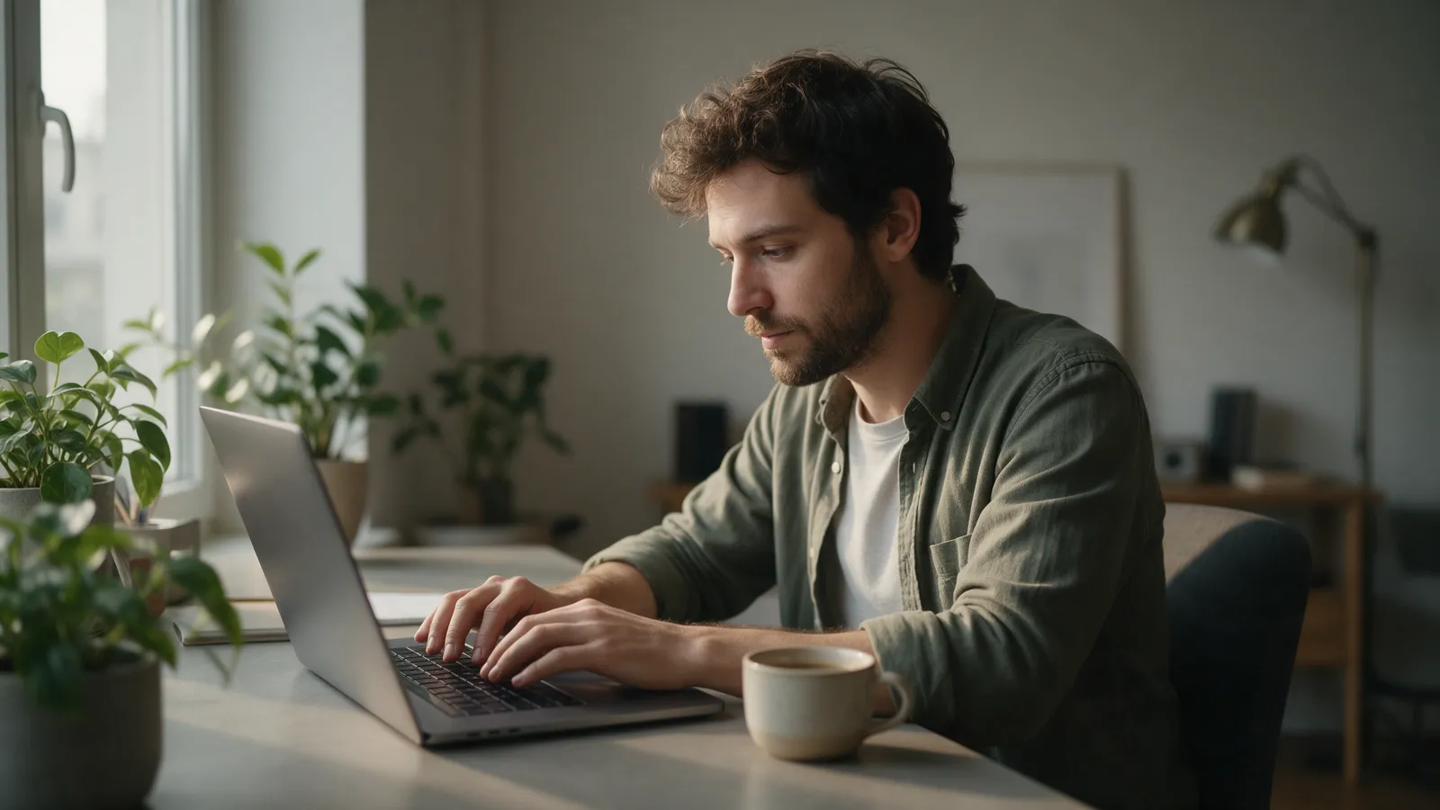 Creador de contenido escribiendo en su escritorio en casa con una laptop y una taza de café