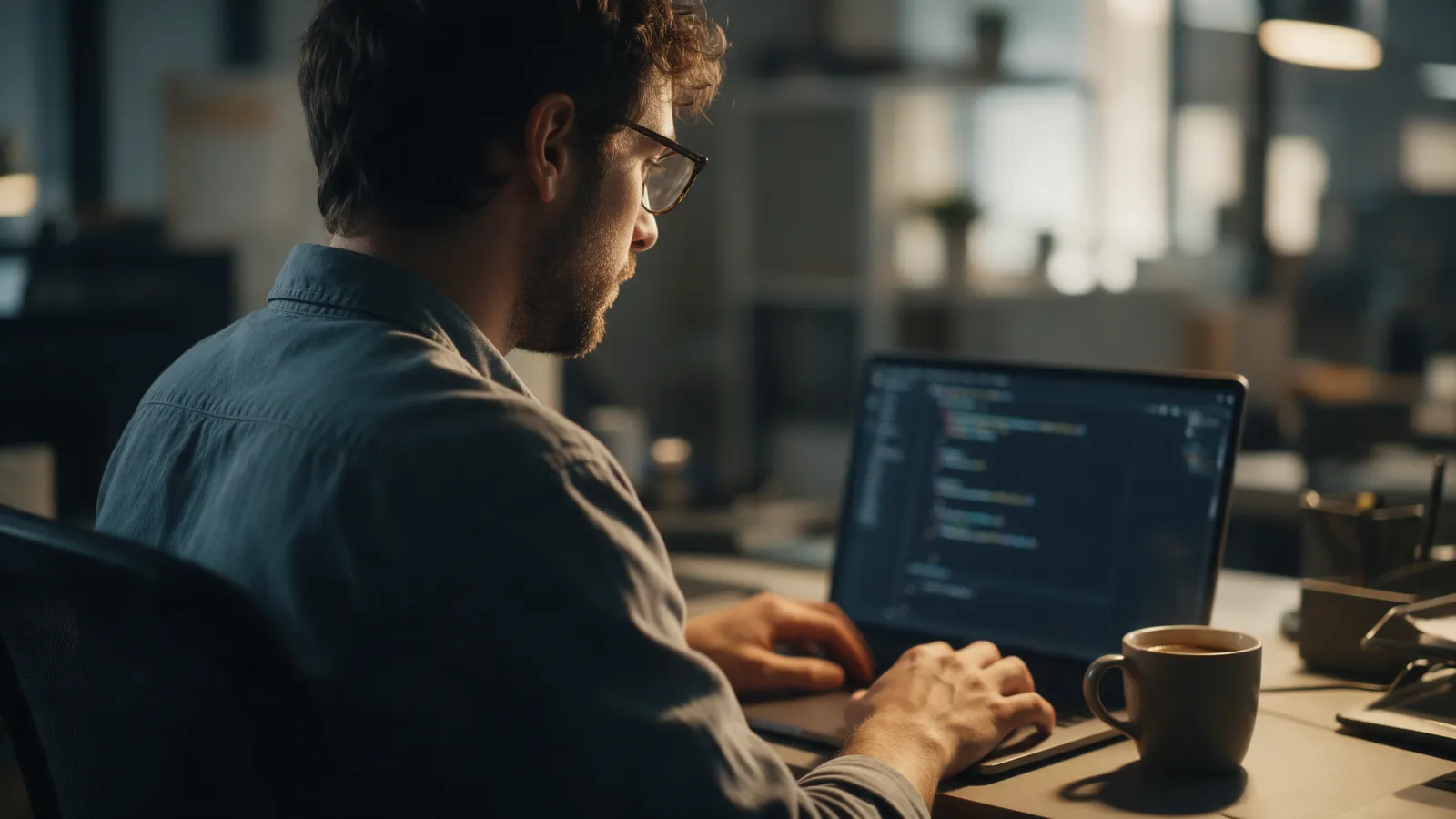 Desarrollador web trabajando en una laptop en una oficina tranquila