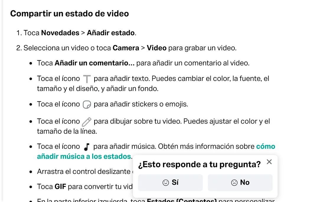 Pasos del centro de ayuda de WhatsApp para compartir un estado de video, con la nota de que admite 3GP y MPEG-4 y de que los videos pueden durar hasta 90 segundos