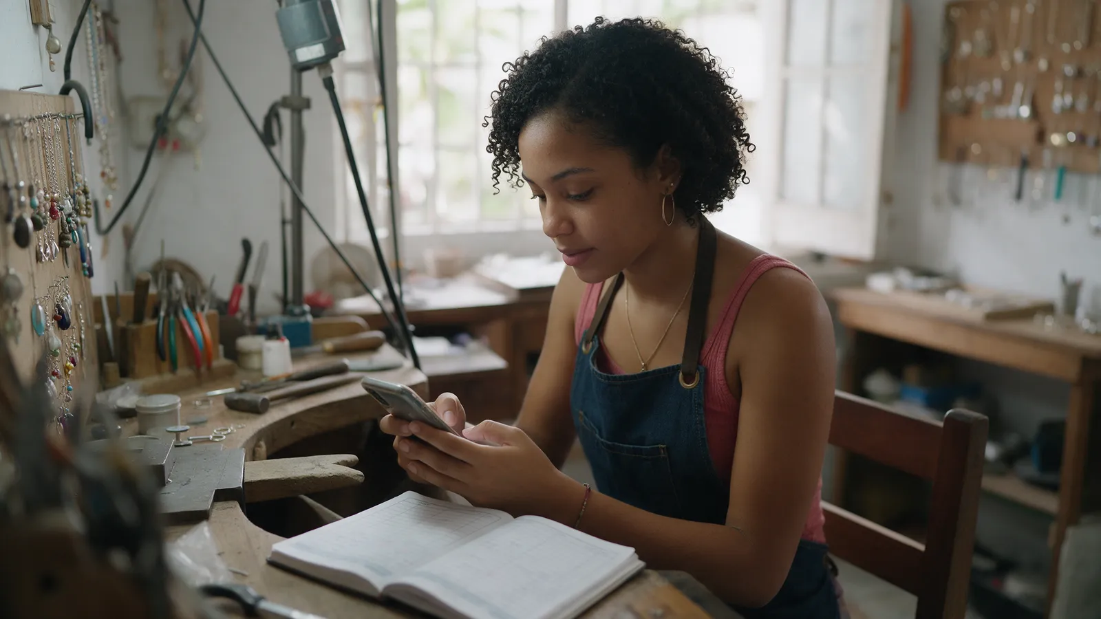 Joven artesana dominicana respondiendo mensajes de clientes en su celular en su taller de joyería